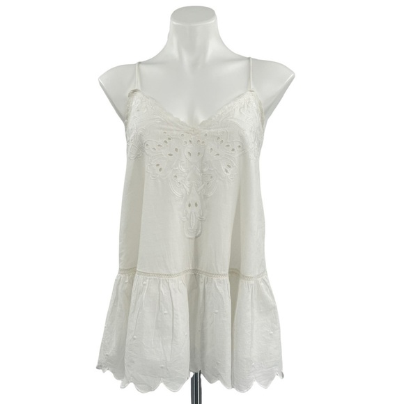 ANTHROPOLOGIE LETMEBE Embroidered Eyelet Lace Trim Cami Peplum Top White Size 2 - Picture 3 of 9
